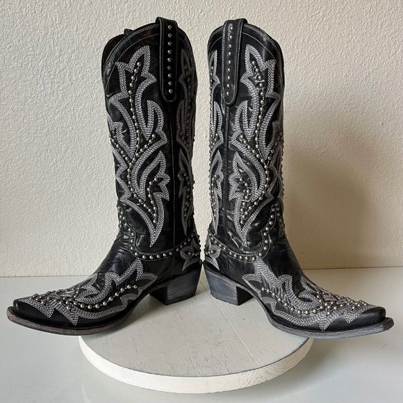 Lane Shoes - Lane Saratoga Stud Boots Womens Sz 7.5 Black Studded Snip Toe Western Cowgirl